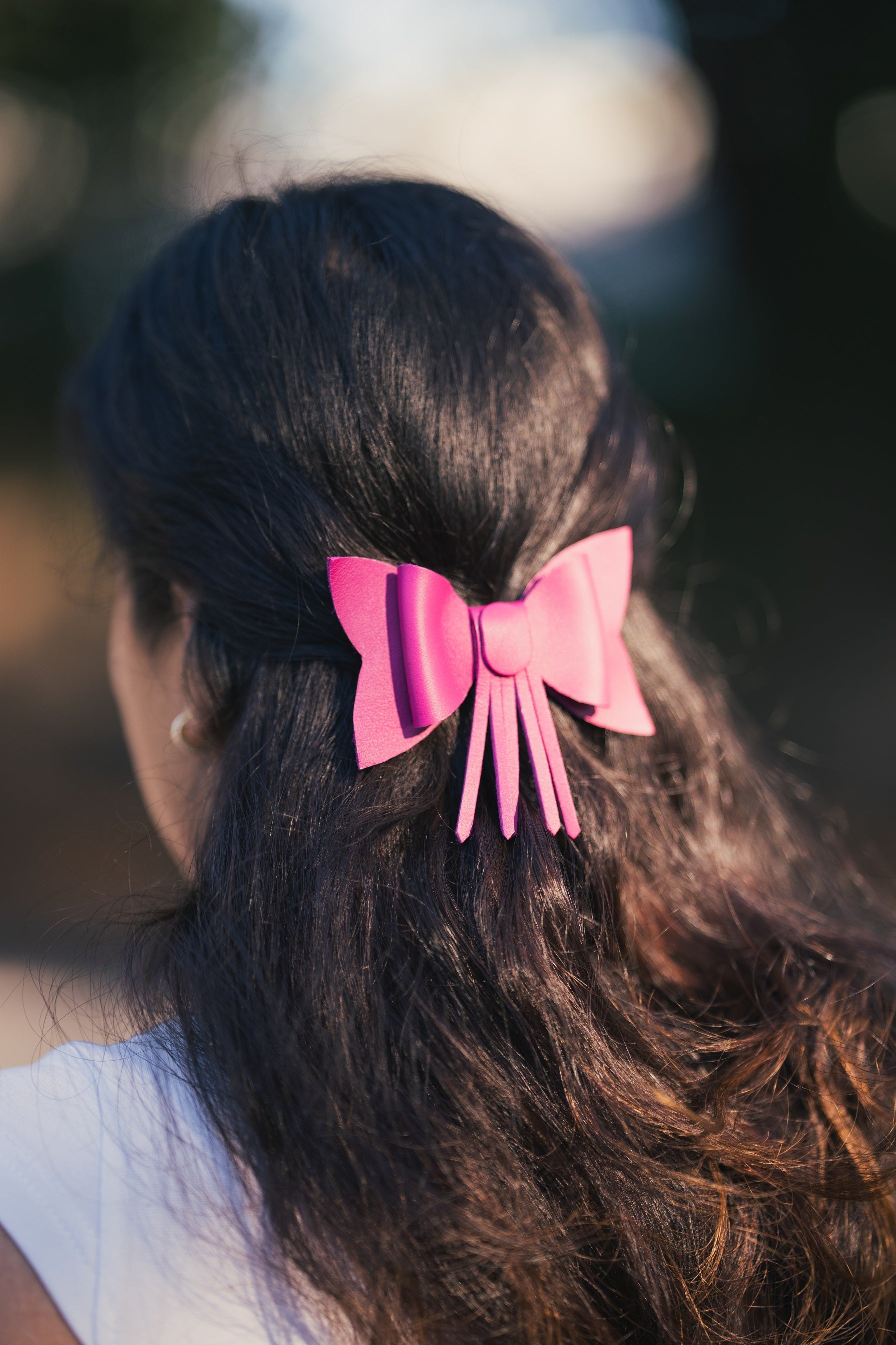 Fuschia Leather Bow Hair Clip