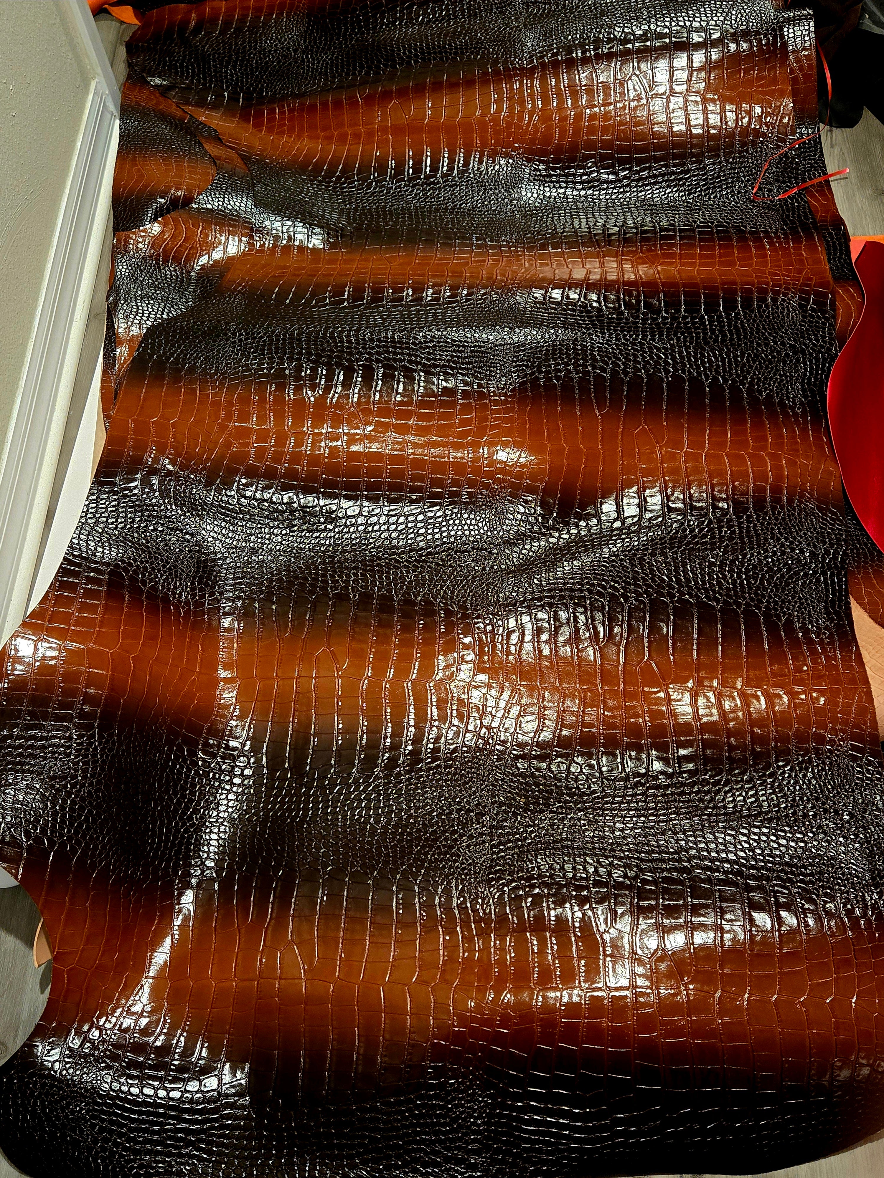 Himalayan Caramel Brown Crocodile Embossed Italian Leather Hide 16 - 17 Sq Ft