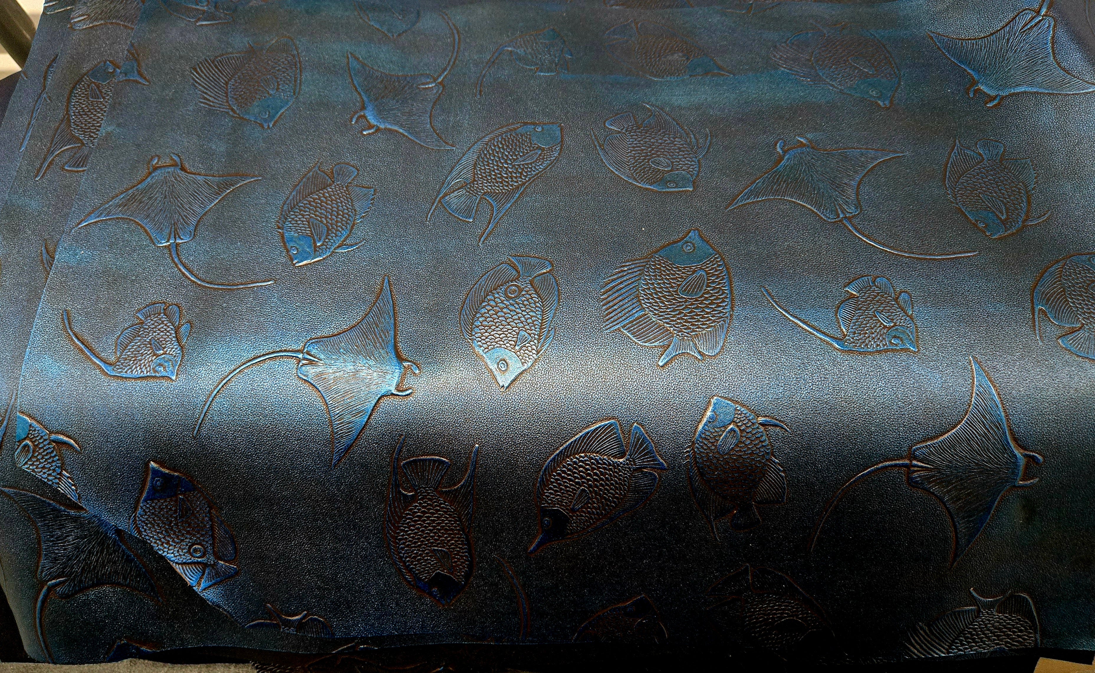 Metallic Blue Stingrays and Fish Embossed Leather Panel