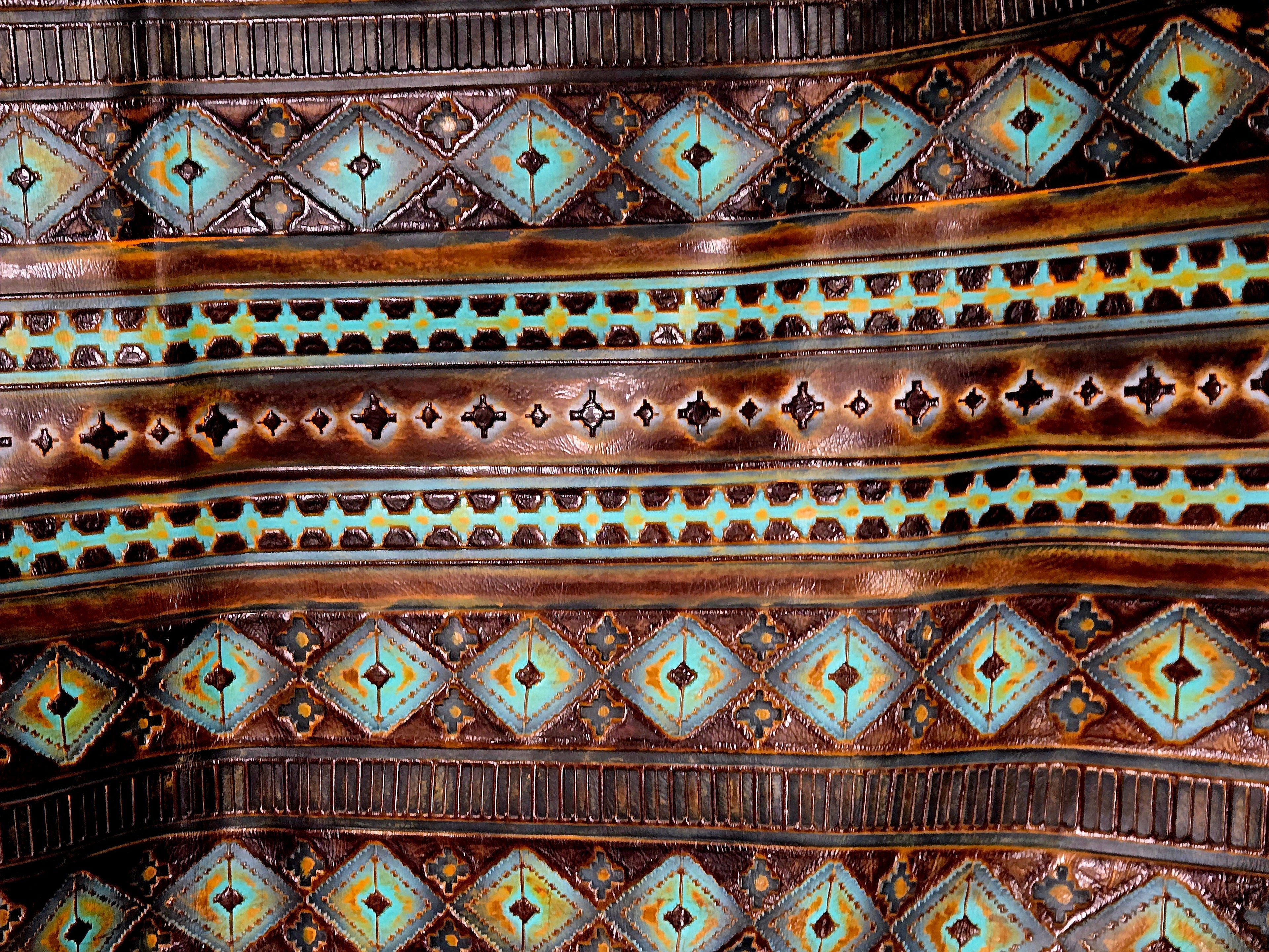 Brown and Turquoise Aztec Leather 3-4 Oz Quarter Hides (12 Square Feet)