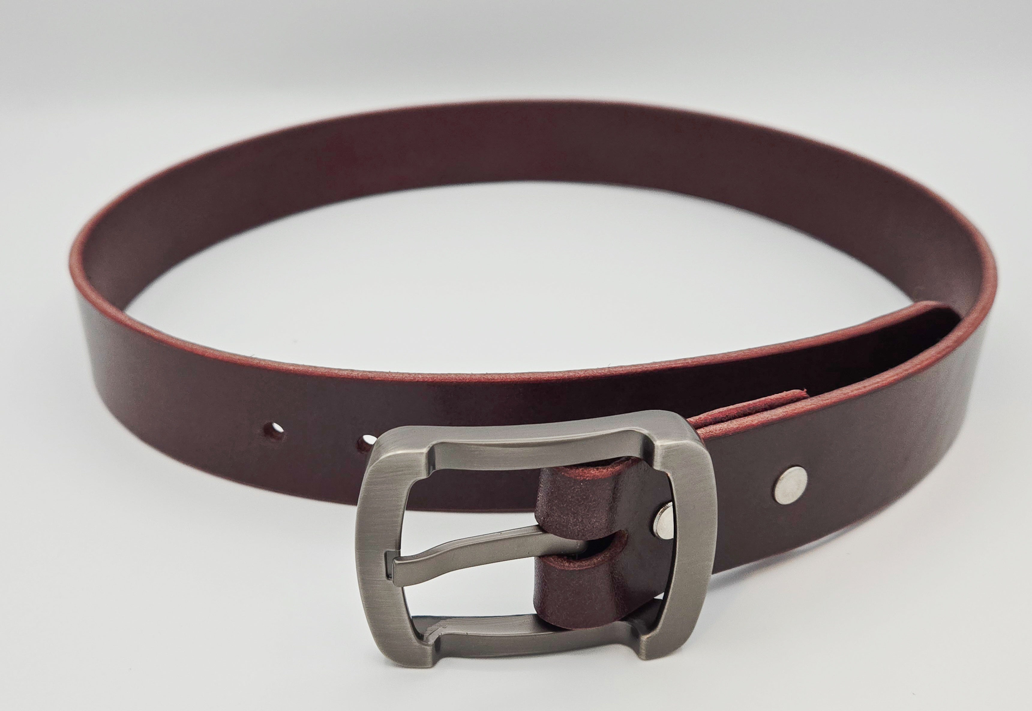 Burgundy Brown Leather Belt With Gunmetal Gray Buckle