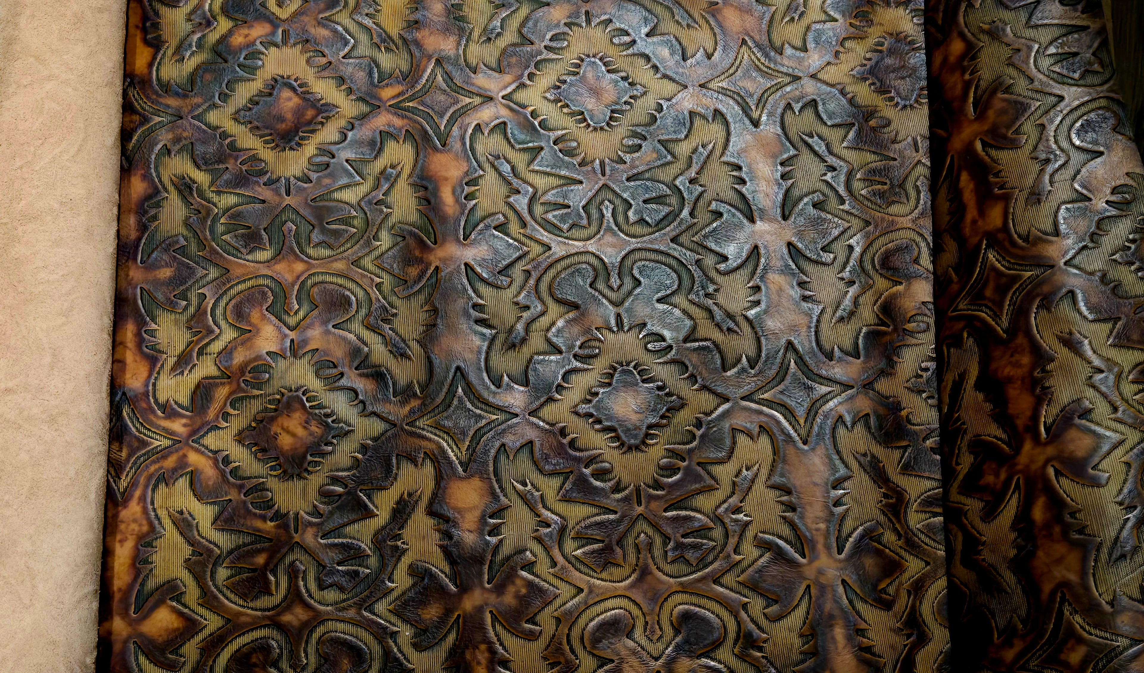 Embossed Southwestern Olive and Brown 3-4 Oz Leather Quarter Hides (11-12 Square Feet)