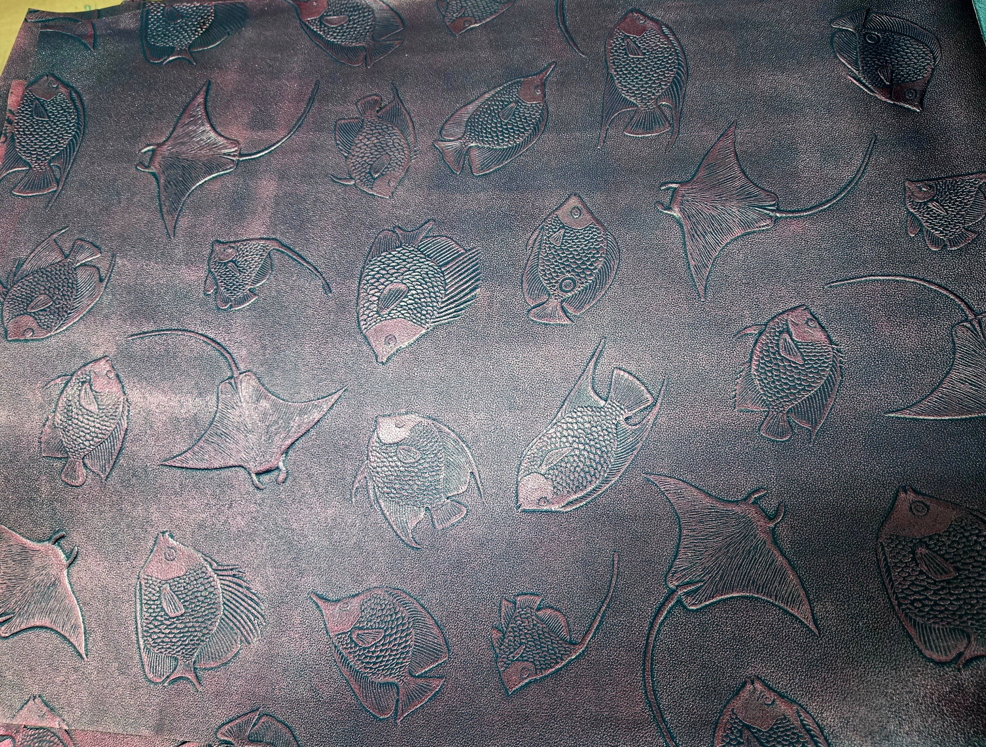 Metallic Plum Stingrays and Fish Embossed Leather Panel