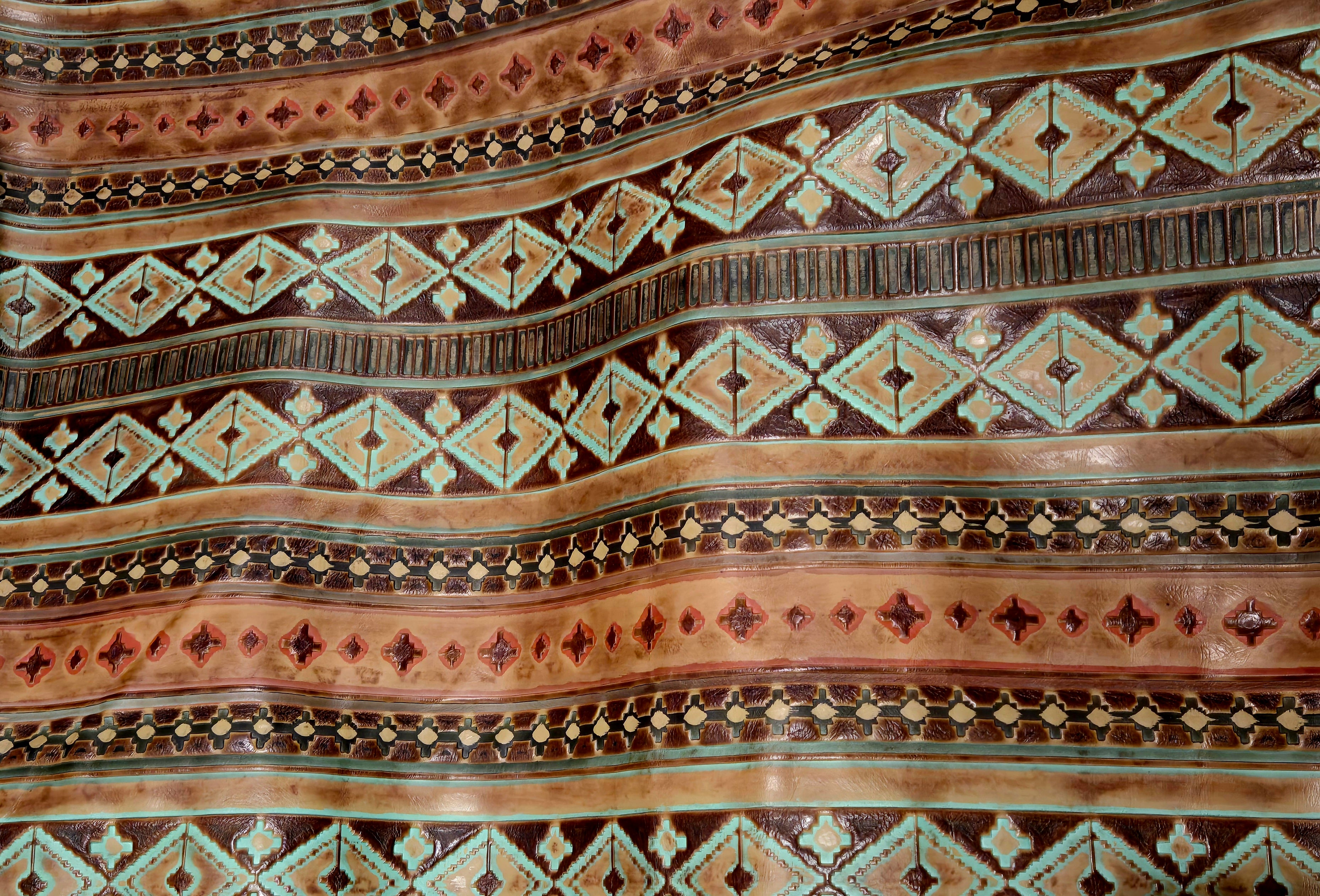 Tan and Turquoise Aztec Leather 3-4 Oz Quarter Hides (11 - 12 Square Feet)